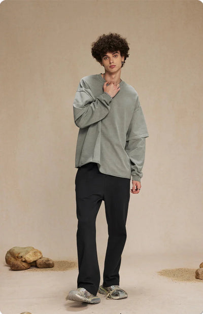 Washed Mock Double Layer Long Sleeve T-Shirt