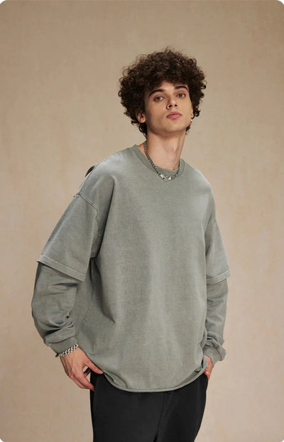 Washed Mock Double Layer Long Sleeve T-Shirt