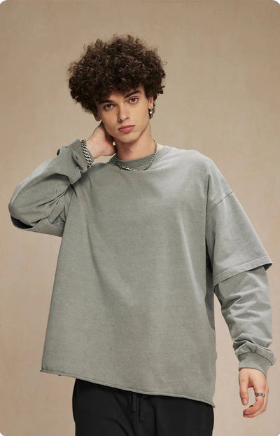Washed Mock Double Layer Long Sleeve T-Shirt