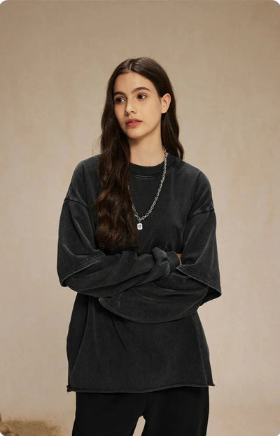 Washed Mock Double Layer Long Sleeve T-Shirt